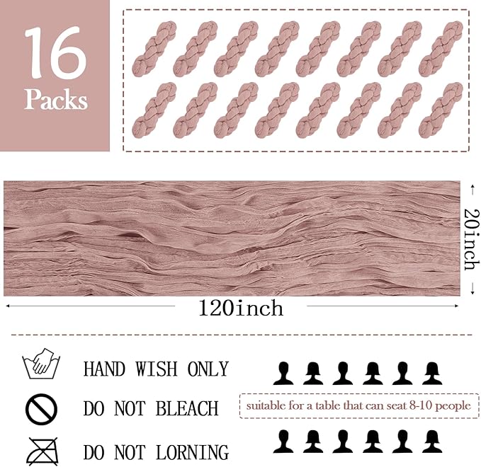 16 Pack Dusty Pink Cheesecloth Table Runner 20 x 120 inch Gauze Table Runners 10 FT Long,Semi Sheer Cheese Cloth Fabric Table Runner Bulk for Wedding,Party,Baby Shower,Bridal Shower Decoration