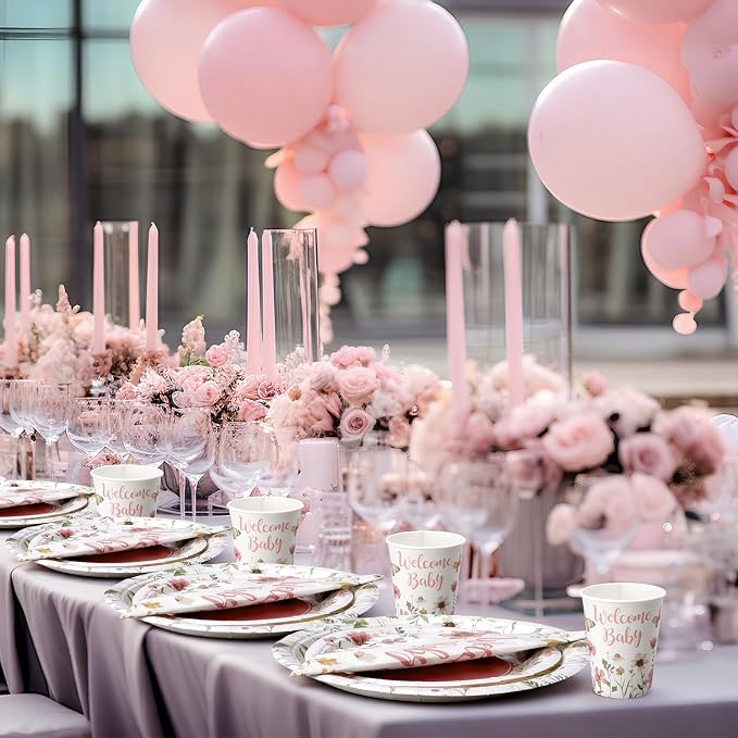Pickmesh 250 Pcs Pink Floral Baby Shower Party Supplies Decorations Serve 50 Wildflower Welcome Baby Disposable Paper Plates Napkins and Cups for Birthday Babies Girl Shower Gender Reveal Party Decor