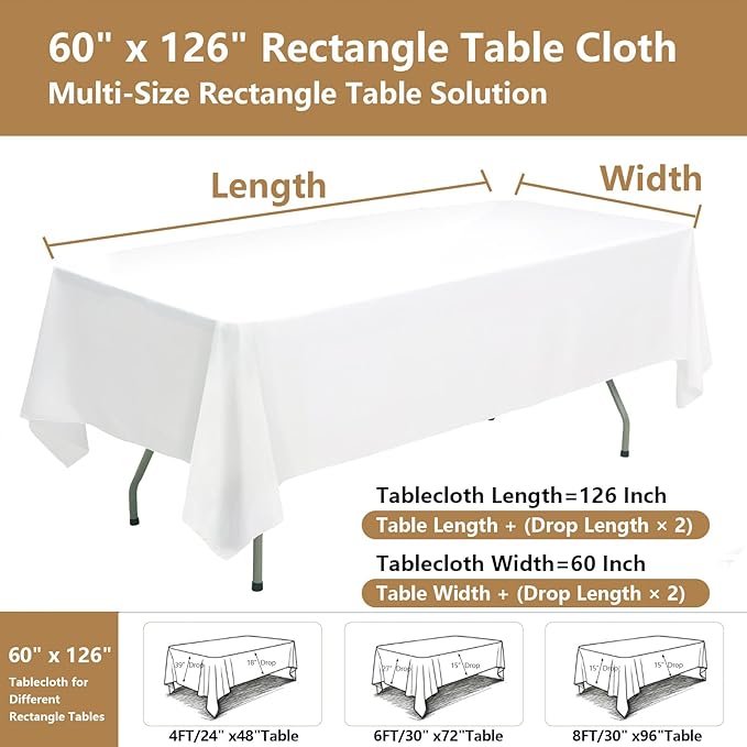 White Tablecloths for Rectangle Tables, 10-Pack - 60x126 Inch | Reusable & Washable Table Cloths for 8 Foot Tables, Polyester Fabric Tablecloth for Wedding, Party, Banquet