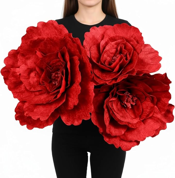 Norme 3 Pcs Giant Flowers for Decoration 12, 16, 20 Inch Large Artificial Red Velvet Rose Petals Giant Flowers Big Paper Red Peony for Wedding Arch Decoration Home Decor Anniversary Birthday