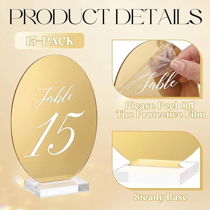 Novabright Oval Wedding Table Number Plates 1-15 with Transparent Stand - 5x7 Inch Acrylic Mirror Gold Table Number Signs Holders, Suitable for Wedding Receptions, Parties, Anniversaries and Events