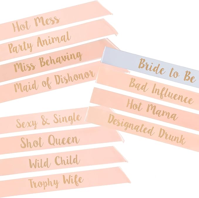 POP FIZZ DESIGNS Bachelorette Sash Set (12 pcs) 1 White Bride to Be Sash + 1 Maid of Honor Sash + 10 Bachelorette Sashes for The Bride Tribe - Amazing Bachelorette Party Favors