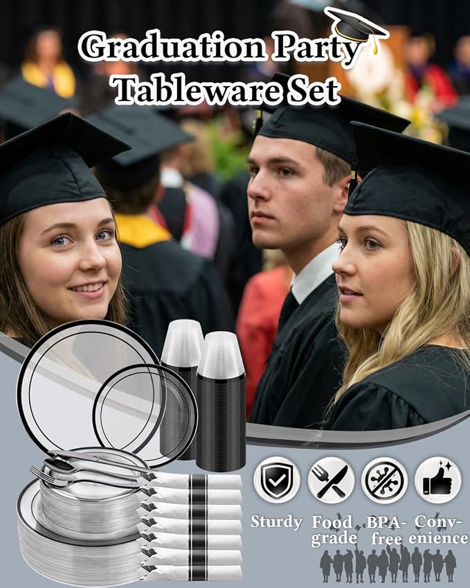 Goodluck 350 Pcs Clear Black Disposable Plastic Party Plate Cup Napkin Sets | Dinnerware Sets Include 100 Plates, 50 Pack Pre Rolled Napkins with Silverware, 50 Cups for Wedding, Graduation, Halloween