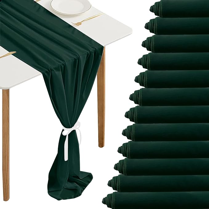 12 Packs Dark Green 10Ft Chiffon Table Runner 27x120 Inches Sheer Chiffon Table Runner Romantic Boho Rustic Wedding Table Runner for Wedding Birthday Party Decor Bridal Baby Shower Table Decoration