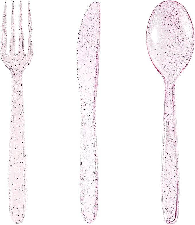 WDF 360 Pink Glitter Plastic Silverware - Disposable Glitter Cutlery - Plastic Silverware inluding 120 Forks, 120 Spoons, 120 Knives for Pink Birthday,Baby Shower