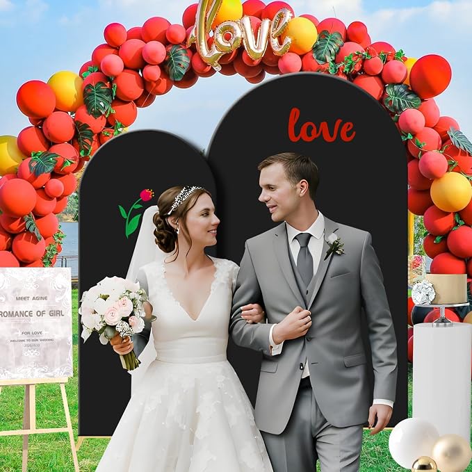 Gawicpy Wedding Arch Backdrop Stand Set Metal Arch Backdrop Stand with Wedding Arch Cover, Wedding Balloon Arch Backdrop Stand for Birthday, Baby Shower, Anniversary (Black, 5.9FT+7.2FT)