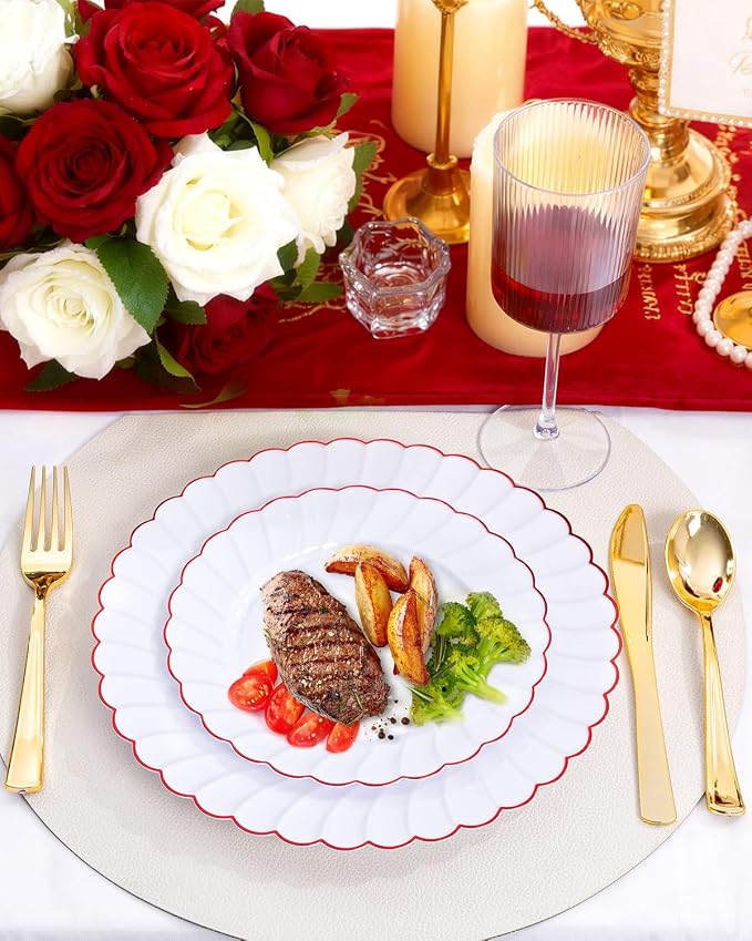 YOUBET 60PCS Red Scalloped Plastic Plates - Heavy Duty White and Red Rim Disposable Plates include 30 Hard Dinner Plate, 30 Dessert Plate for Party & Wedding