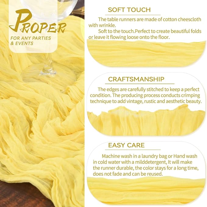 10 Packs Cheesecloth Table Baby Yellow, 10Ft x 35" Light Yellow Rustic Gauze Boho Wedding Table Runner Decoration, Wedding Table Decor Table Cloth for Wedding Party Bridal Shower Table