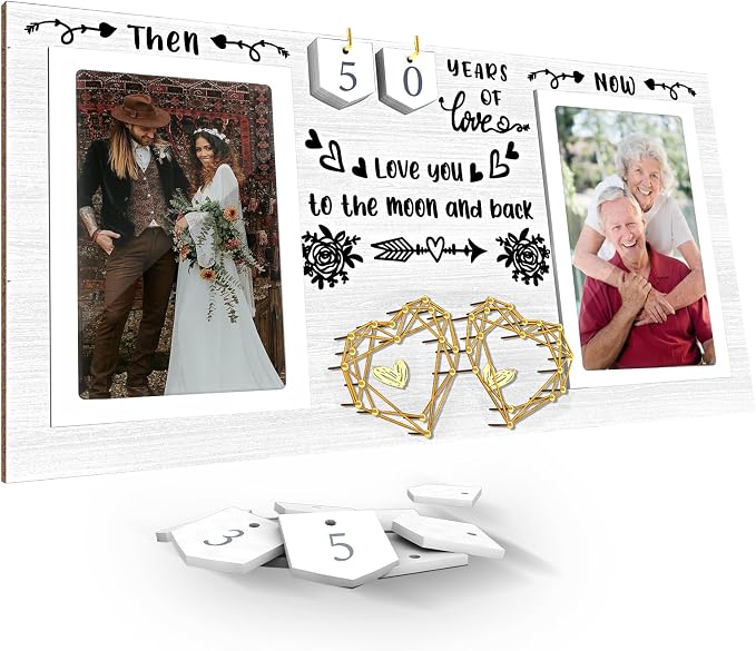 Then & Now Anniversary Picture Frame for Couple - 1-99 Years Wedding Picture Frame,Engagement Bridal Shower Gifts for Couples Wooden Photo Frame Holds Two 4x6 Photos-White