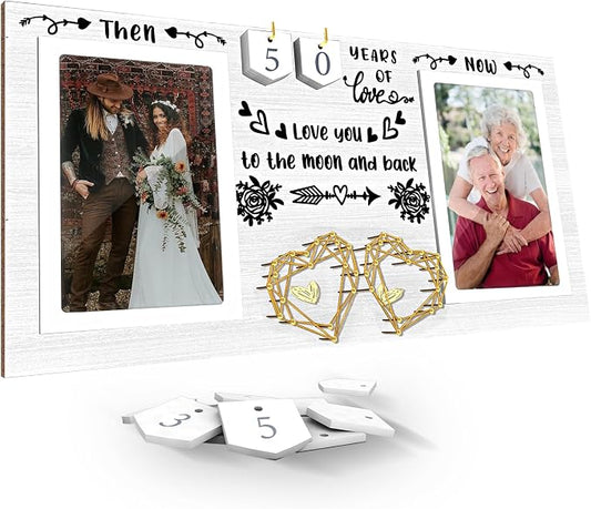 Then & Now Anniversary Picture Frame for Couple - 1-99 Years Wedding Picture Frame,Engagement Bridal Shower Gifts for Couples Wooden Photo Frame Holds Two 4x6 Photos-White
