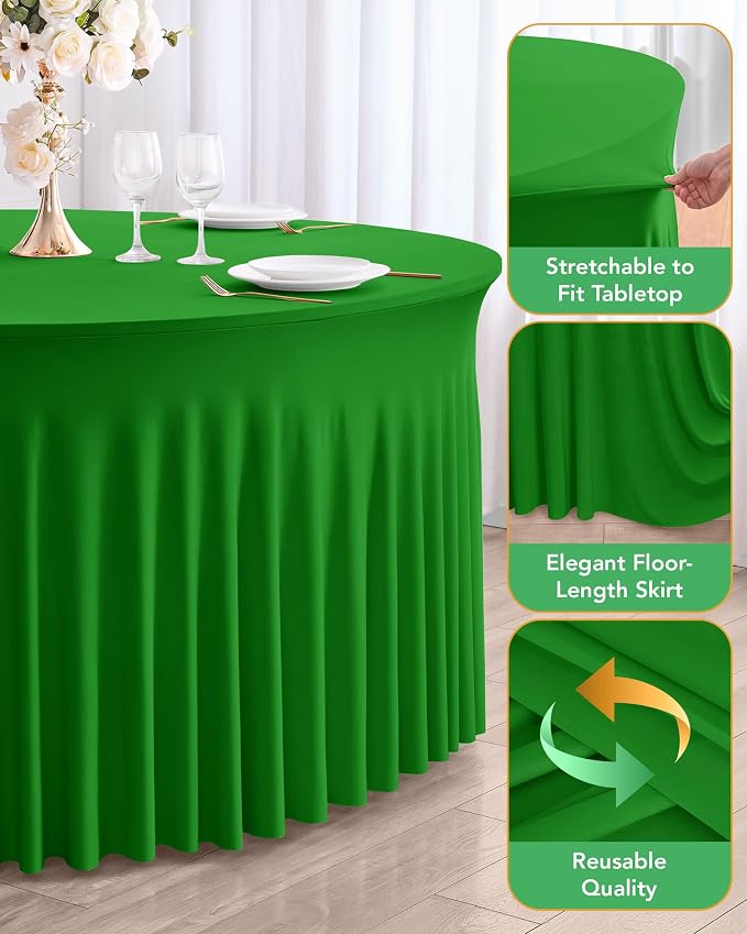 6 Pack Spandex Table Cover Skirts for 60 inch Round Tables, Green Stretch Table Cloths with Floor-Length Ruffle, Elastic Fitted Skirted Tablecloth for Elegant Wedding Banquet Party Buffet Decoration