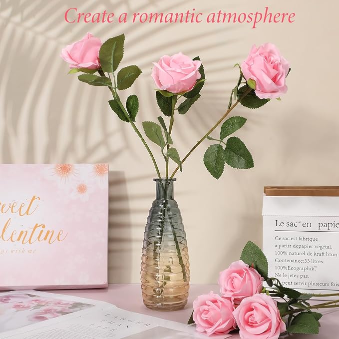 Hotop 20 Pcs Artificial Rose Flowers with Long Stem, Real Lifelike Silk Realistic Plastic Bouquet Roses Bulk for Home Decor Bridal Wedding Party Table Centerpieces Decorations(Pink)