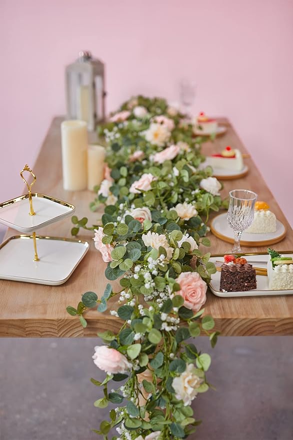 Anna's Whimsy 5.91FT Artificial Eucalyptus Garland with Flowers, Fake Rose Gypsophila Garland, Faux Floral Greenery Garlands for Wedding Spring Party Art Table Runner Decor (Pink, 1)