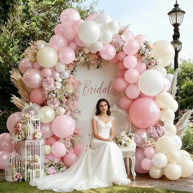 Pearl Pink White Balloon Arch, Double Stuffed Light Pastel Pink Cream White Sand Balloon Garland Kit for Baby Shower Birthday Bridal Wedding Mother's Day Party Decorations