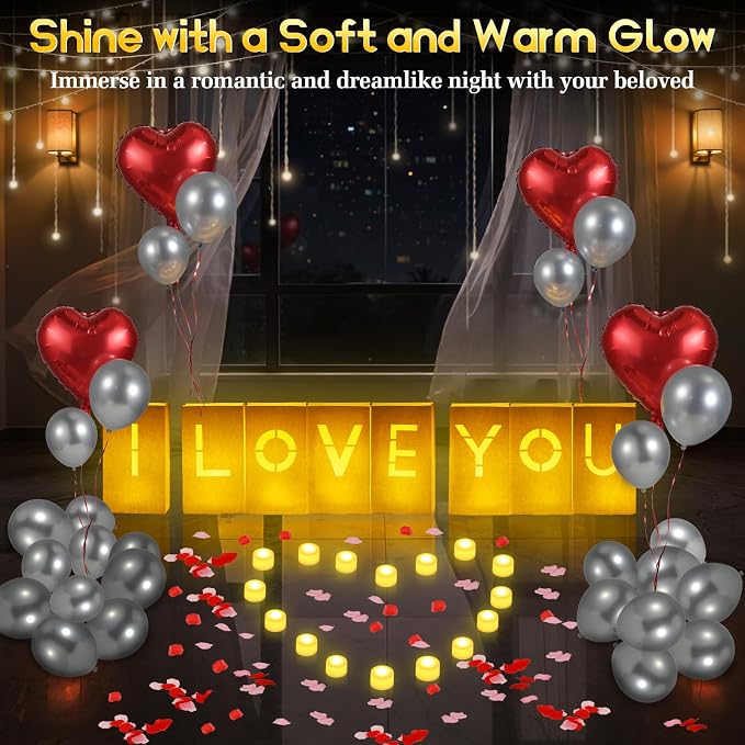 Lewondr I Love You Sign Light Up Letters, Valentines Day Decorations, Luminary Paper Bags with 6H Flameless Candles, Heart & Silver Balloons, 2000 Rose Petals, Surprise for Anniversary Romantic Decor