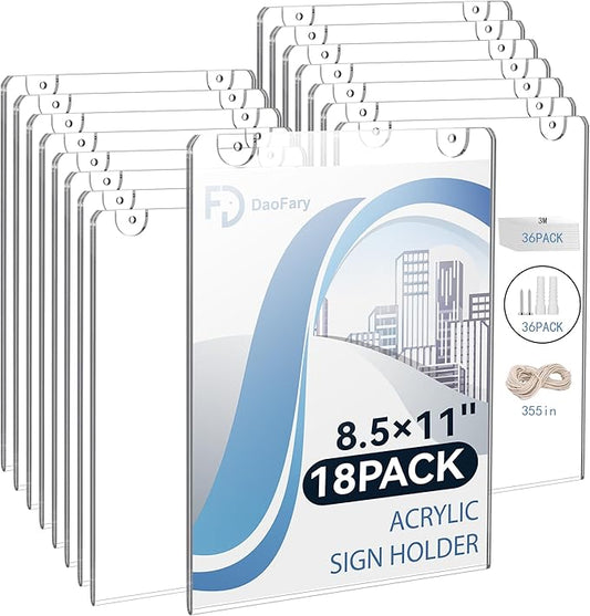 Daofary Acrylic Sign Holder 8.5 x 11 Wall Mount, 18 Pack Clear Acrylic Wall Picture Frame with Double-Side Tape, Document Paper Poster Display for Office, Store, Restaurant (Adhesive Tape, Screws & Hanging Rope Included)
