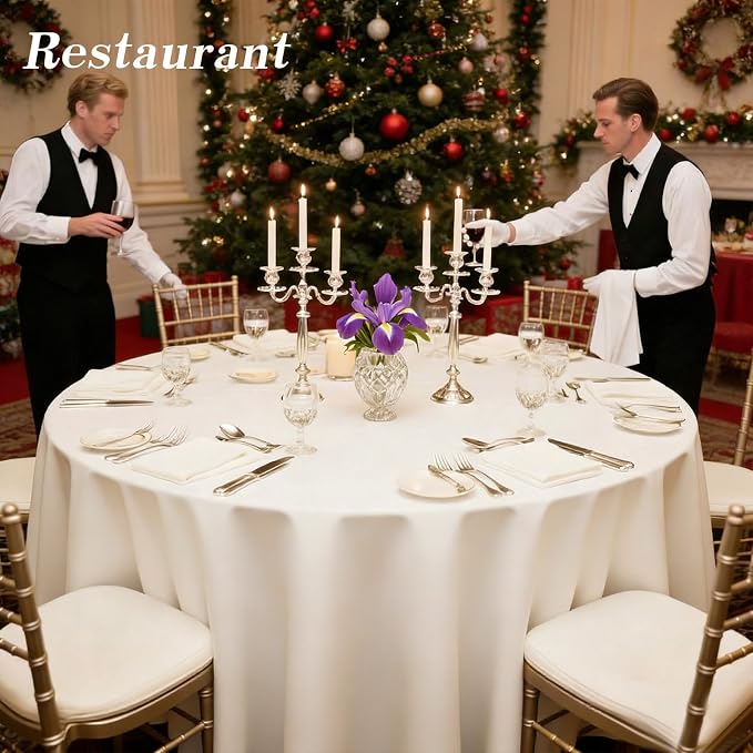 WIGENIUS 2 Pack Ivory Table Cloth Round Tablecloths 90 Inch,Polyester Table Cloth for 5 Foot Round Tables,Wrinkle Resistant Washable Fabric Table Covers for Party,Wedding Banquet