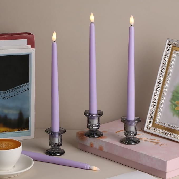 Macarrie 24 Packs Flameless Taper Candles Battery Operated Fake 11 Inch Long Candlelight LED Flameless Candlesticks Flickering Tapered for Summer Fall Wedding(Lavender Purple)