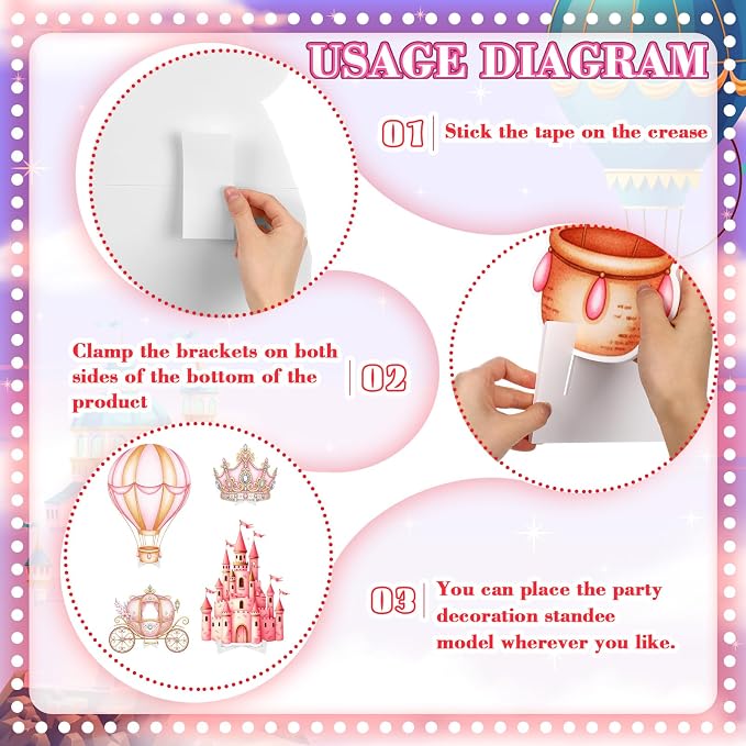 Honoson 4 Pcs Large 30" Pink Princess Cardboard Cutouts, Princess Birthday Party Decoration Castle Carriage Stand up Life Size Backdrop for Once Upon a Time Party Supplies Photo Booth Props