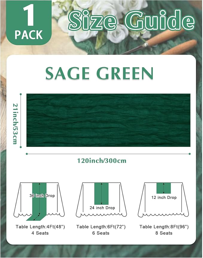Emerald Green Cheesecloth Table Runner 21x120 Inch Gauze Table Runners Reusable Polyester 10ft Boho Rustic Cheese Cloth Table Runner for Wedding Party Baby Shower Birthday