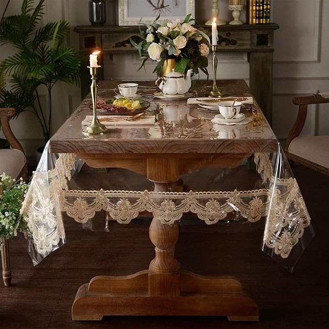 ARTABLE Vinyl PVC Rectangle Tablecloth Waterproof Clear Table Cover with Champagne Lace Macrame Border for Wedding Kitchen Home Outdoor Indoor Holidays Party Decor (Champagne, 52 x 70 Inch)