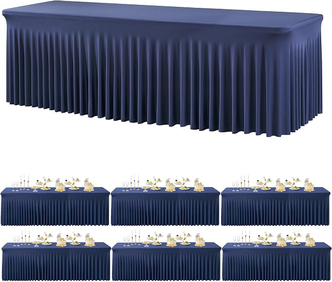 6 Pack Spandex Navy Blue Tablecloths for 8 Foot Rectangle Tables, Wrinkle Free Fitted Table Cloths 8ft Stretchy Table Cover Skirt for Parties Weddings Birthday Banquet Baby Shower