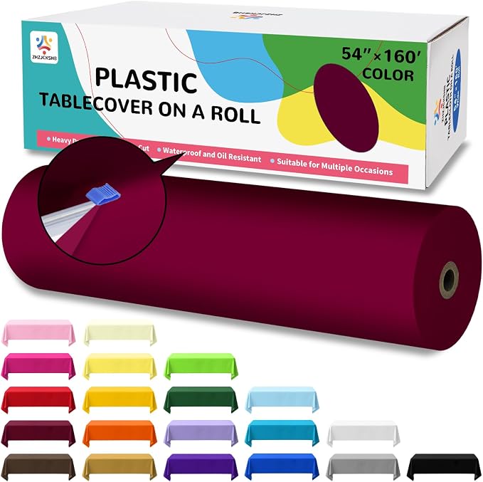 54IN X 160FT Plastic Table Cover Roll with Cutter Box, Cut to Size Plastic Table Cloths for Parties, Birthday, Disposable Tablecloth Roll for All Shape Tables (Burgundy, 54 Inch X 160 Feet)