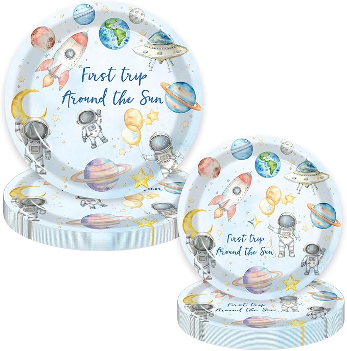 100 Pcs Outer Space 1st Birthday Party Supplies - Space First Trip Around The Sun Plates Napkins Forks Paper Cups for Space Galaxy Astronaut Theme Boys 1st Birthday Decorations(20 guests)
