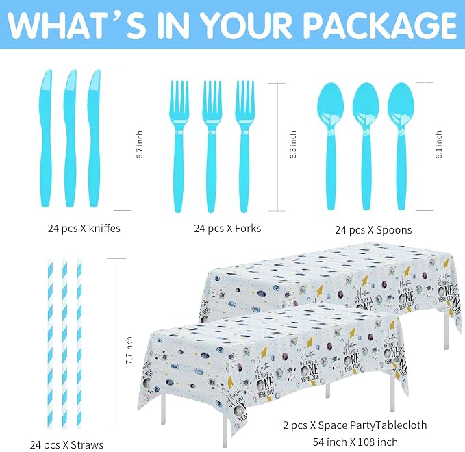 Outer Space First Birthday Party Supplies, Space 1st Birthday Decorations Tableware, Paper Plate, Cup, Napkin, Tablecloth, Cutlery, Houston We Have a One-Year-Old Party Supplies | Serve 24