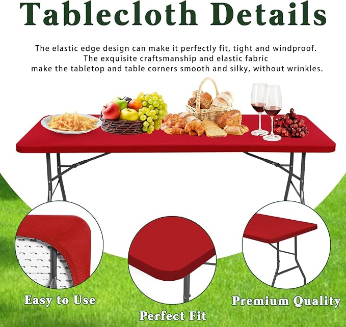 10 Pack Picnic Fitted Table Cover for 6 Foot Tablecloth for Rectangle Tables Waterproof Stretch Washable Folding Indoor and Outdoor Spandex Table Cloth for Camping Banquet and Parties (Red,30" x 72")