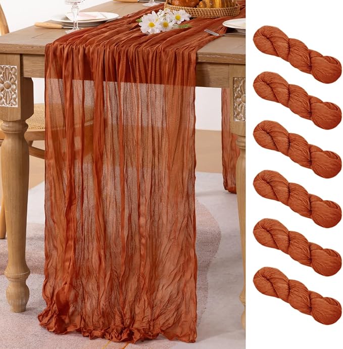 MLMC 6 Pack Terracotta Table Runner 10ft Rustic Burnt Orange Cheesecloth Table Runner 35 x 160 inches for Wedding Bridal Shower Birthday Outdoor Pinic Reception Party Decor