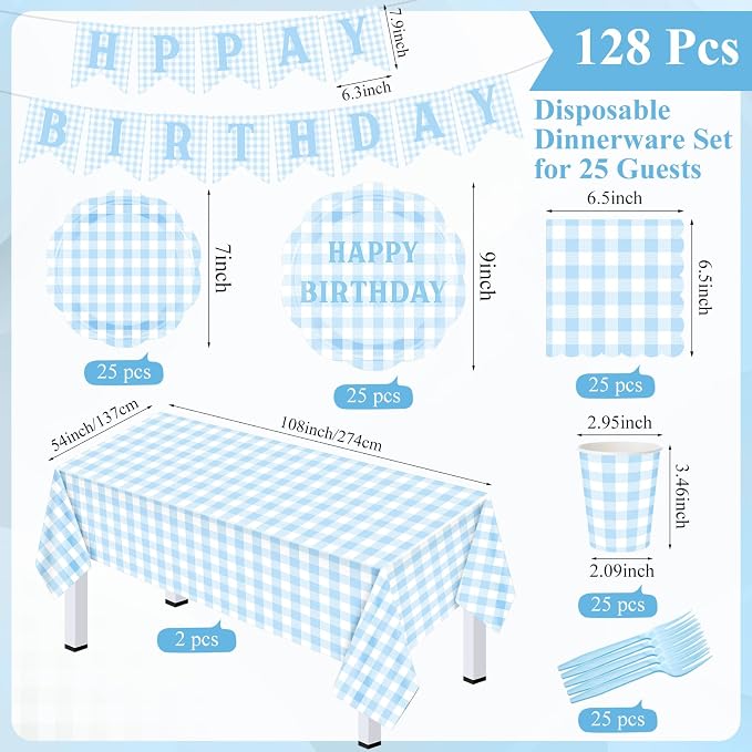 LemonRoad 128 Pcs Blue and White Birthday Party Decoration for 25 Guests, Gingham Checkered Light Blue Birthday Paper Plates Napkins Cups Tablecloth Forks Banner for Birthdays Picnic Party Supplies