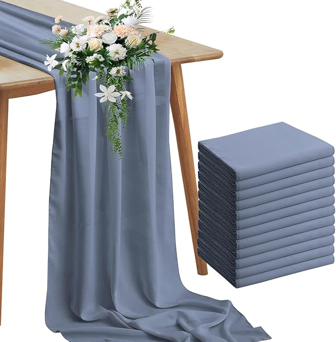 Horbaunal 12 Pack Dusty Blue Chiffon Table Runners 10FT Sheer Chiffon Runner 29x120 Inches Romantic Boho Rustic Table Runner for Wedding Party Bridal Baby Shower Table Decorations