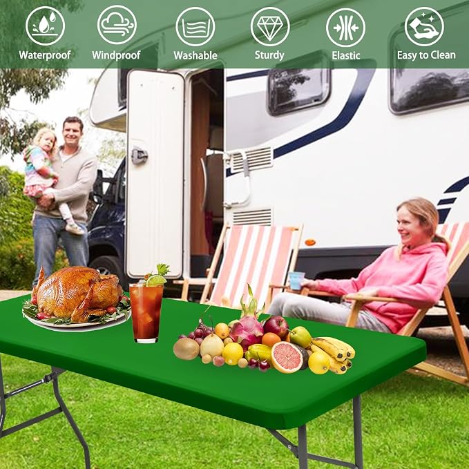 10 Pack Picnic Fitted Table Cover for 6 Foot Tablecloth for Rectangle Tables Waterproof Stretch Washable Folding Indoor and Outdoor Spandex Table Cloth for Camping Banquet Parties (Green,30" x 72")