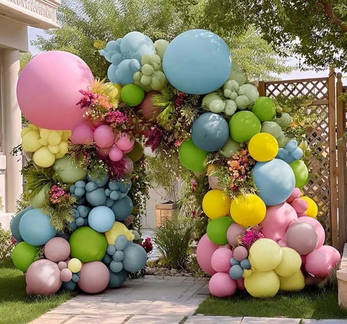 Colorful Balloon Arch Double Stuffed Latex Blue Yellow Green Pink Balloons Wildflower Balloon Garland for Spring Flower Birthday Baby Shower Garden Candy Party Decoration