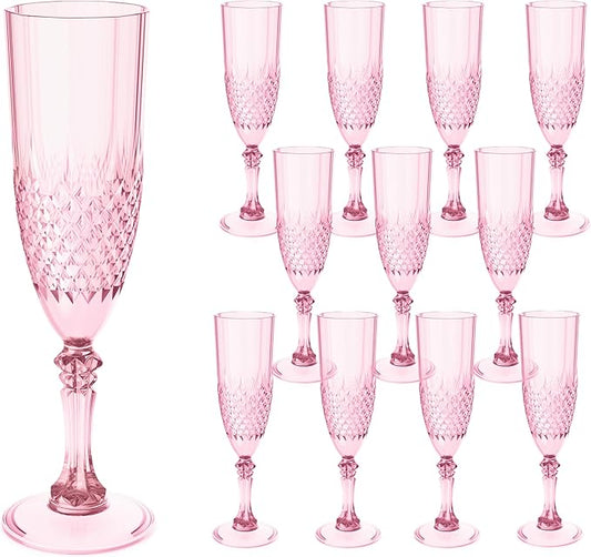 Plastic Champagne Flutes, Champagne Glasses Bulk, Reusable Unbreakable Acrylic Wine Glasses Goblets for Weddings Bachelor Parties Toasting Bridal Shower Mother's Day(12, Pink)