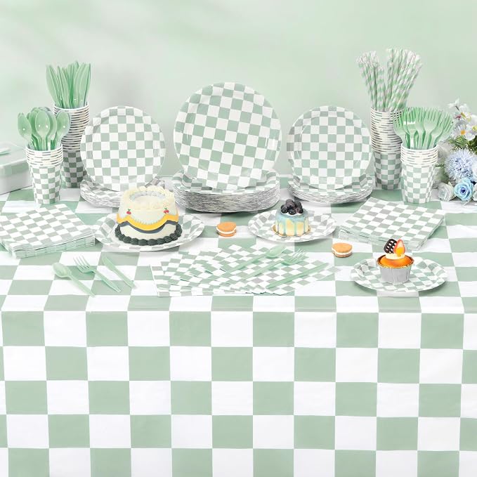 Funnymoom 452 Pcs Sage Green Gingham Party Supplies for 50, Light Green and White Checkered Gingham Paper Plates Napkins Cups Tablecloth Cutlery Straw for Picnic Birthday Baby Shower Decoration