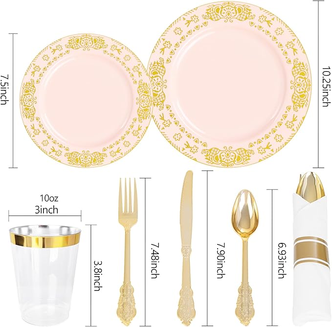 GATHER 350PCS Pink and Gold Plastic Plates - Gold Disposable Dinnerware Set Include 50 Dinner Plates, 50 Dessert Plates, 150 Plastic Silverware, 50 Napkins, 50 Cups for Wedding & Mother's Day