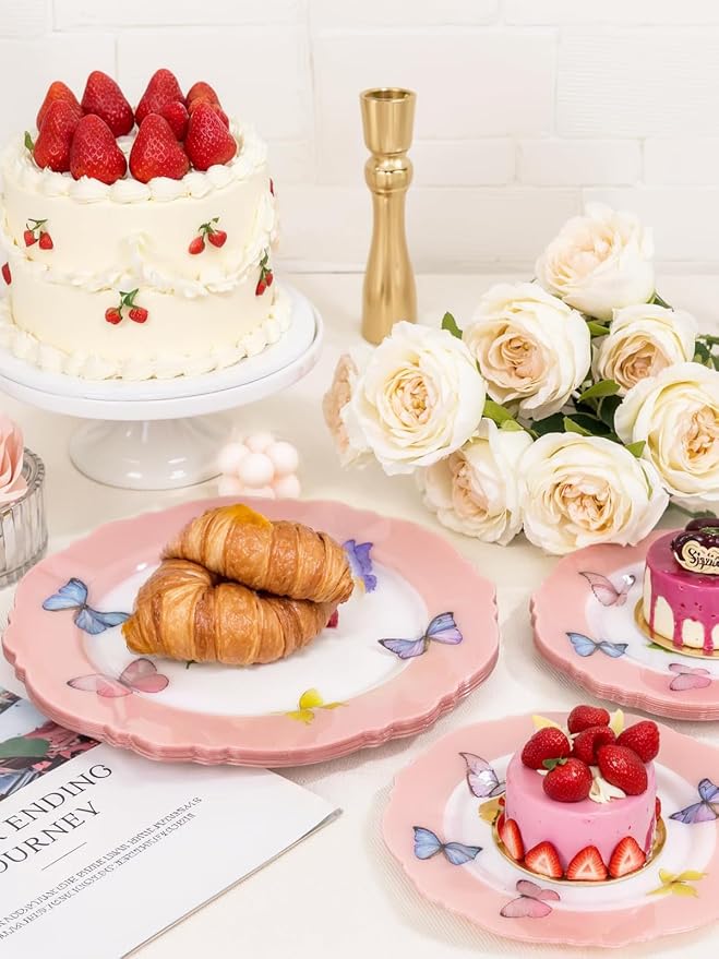 WDF 20PCS Pink Butterfly Plates - Baroque Spring Plates Disposable - Butterfly Party Decorations for Birthdays/Tea Party/Bridal Shower/Mother's Day