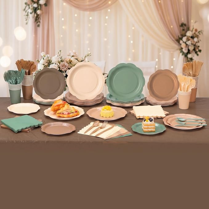 Ceenna 390 Pcs Woodland Baby Shower Decoration for 48 Guests, Sage Green and Brown Paper Plates Napkins Cups Tablecloth Cutlery Forest Tableware Utensil for Safari Jungle Neutral Camo Birthday Wedding