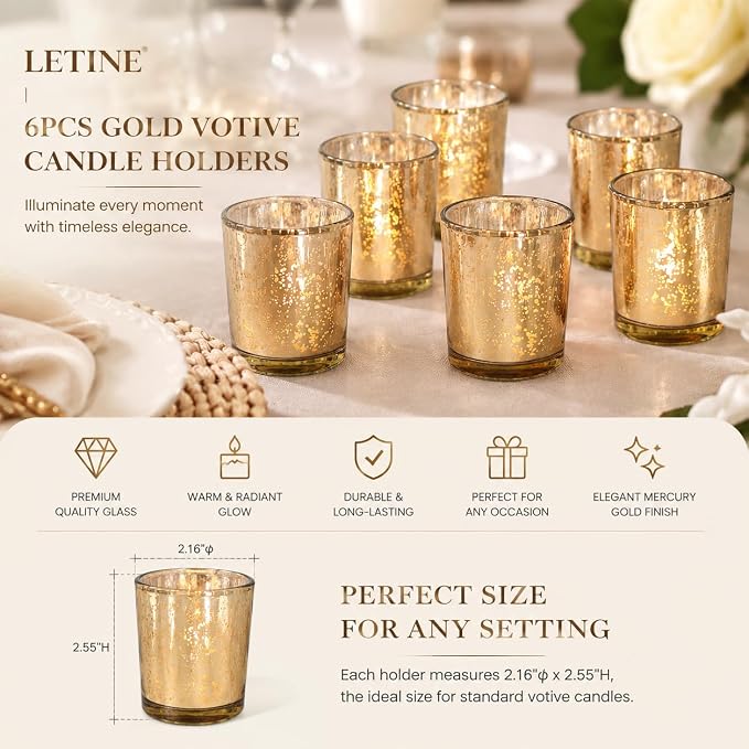 LETINE 6pcs Gold Votive Candle Holders – Tea Light Candles Holder & Standard Votive Size for Regular Votive Candles – Candle Holder for Home Decor, Garden Party Decorations, Engagement Table Decor