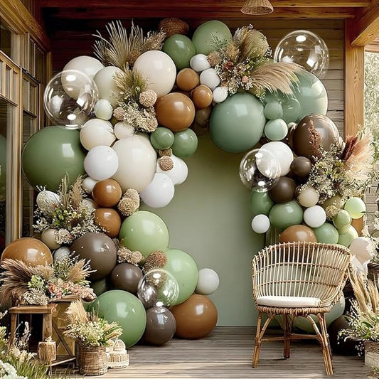 Green Brown Balloon Garland Double Stuffed Dusty Sage Green White Sand Balloons Dark Olive Tan Balloon Arch Kit for Neutral Baby Shower Birthday Bridal Wedding Woodland Safari Jungle Party Decorations