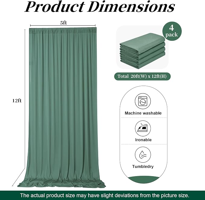 20ft x 12ft Grayish Green Backdrop Curtains for Parties, Wrinkle Free 4 Panels Photo Backdrop Drapes Back Drop Cloth for Wedding Birthday Photography Background Decor