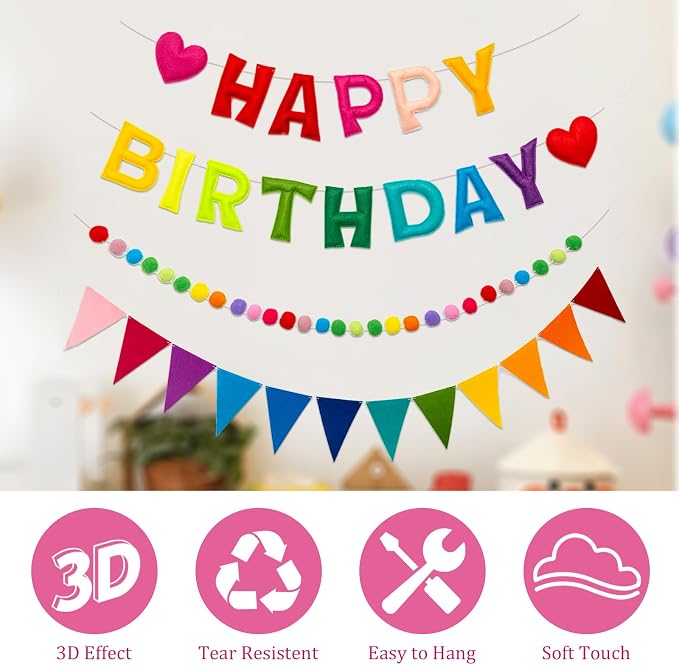 Colorful Pre-Strung 3D Happy Birthday Banner, 3 PCS Reusable Rainbow Party Decorations with Felt Ball Garland and Triangle Flags, Personalized Birthday Sign for Girl Boy Women Men