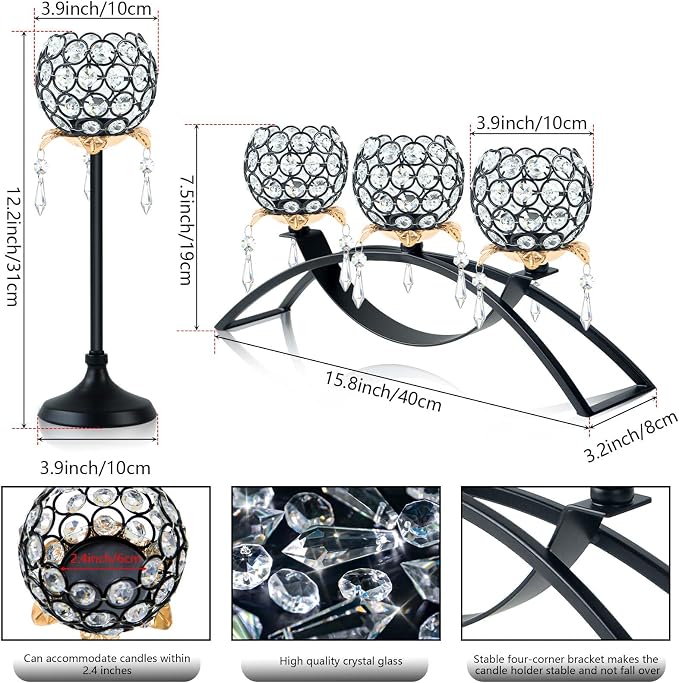 Set of 3 Crystal Tea Light Candlestick Holders Flower Shape with Crystal Pendant Bowl Votive Metal Candle Holder for Table Centerpieces Wedding Home Decor (Black+Gold)
