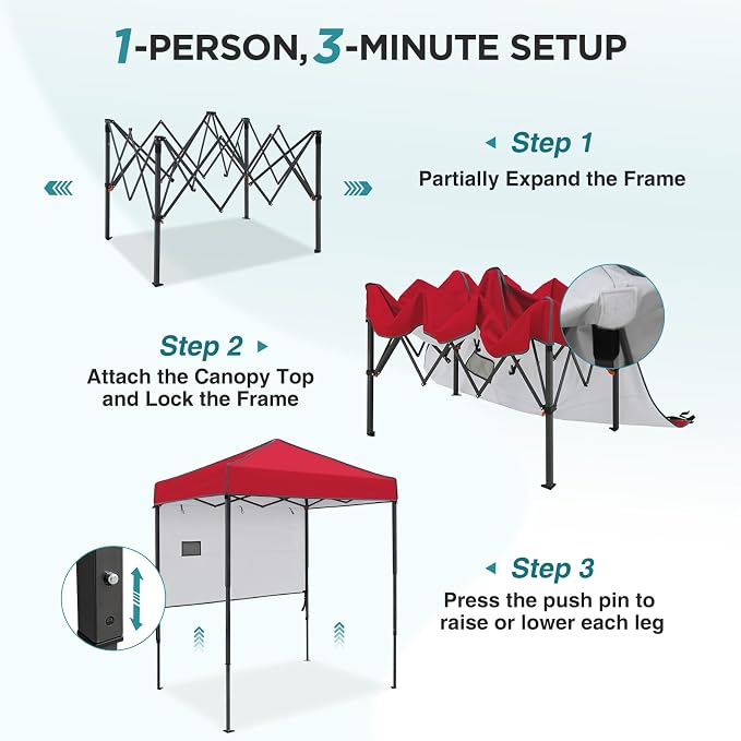 EAGLE PEAK 6x4 Instant Pop Up Canopy Tent with 1 Half Wall Panel, Straight Leg Sun Shelter, Portable Canopy with Carry Bag for Camping, Beach & Sports, Red