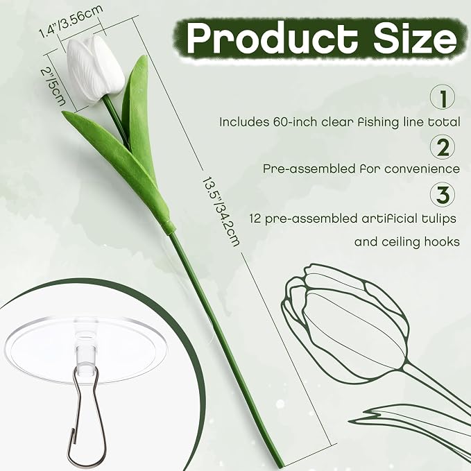 24 Pack White 5 ft Artificial Tulips Hanging Flower Garland Decorations Spring Summer Dangling Faux Tulip Floral Vine Strings with Hooks for Wall Ceiling Wedding Tea Party