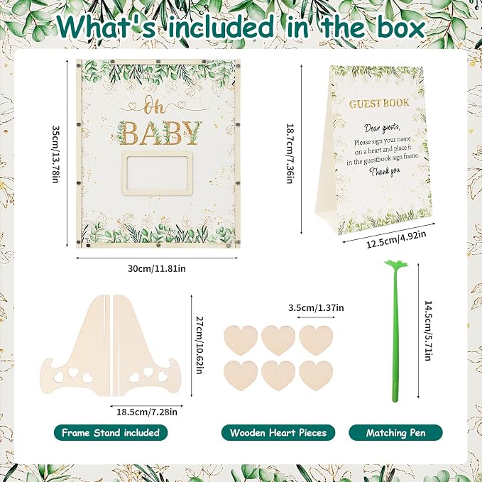 Sage Green Baby Shower Decorations, Guest Book Alternatives with Four Leaf Clover Pen, 60 Heart Wood Slices for 60 Guests, Boy or Girl Gender Reveal Decorations