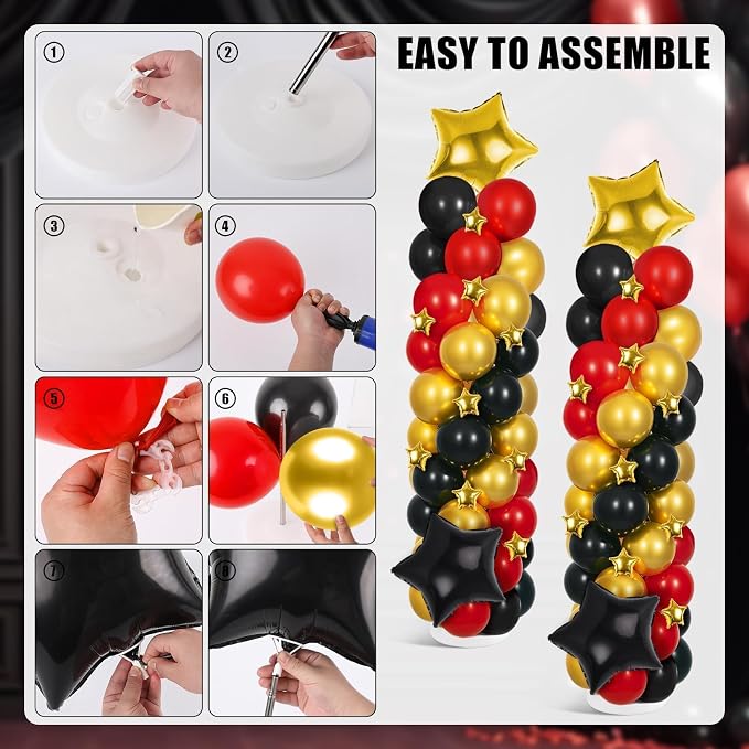 2 Sets Black Gold and Red Balloons Decorations Adjustable Balloon Column Stand Kits with 4 Stars Movie Night Garland Arch Tower Balloons for Wedding Baby Shower Birthday Party Decorations