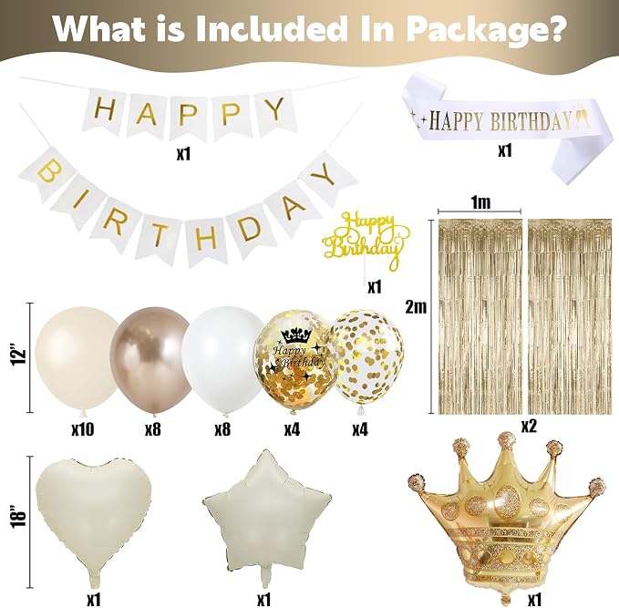 Birthday Decorations for Women, Champagne Gold Birthday Decortion White Beige Neutral Cream Gold Latex Balloons Banner Fringe Curtain for Women Girls Boho Party Supplies